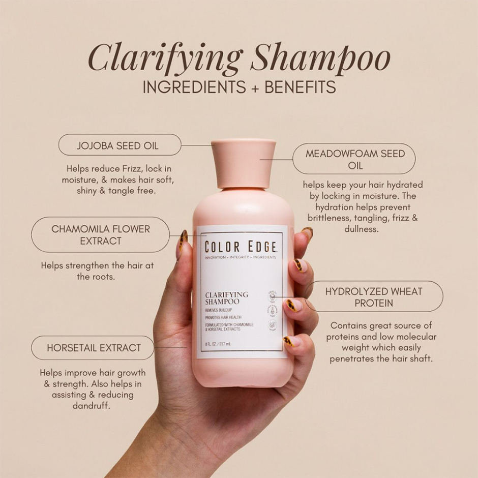 Clarifying Shampoo ingredients: jojoba oil, meadowfoam seed oil, chamomile extract, horsetail extract, hydrolyzed wheat protein