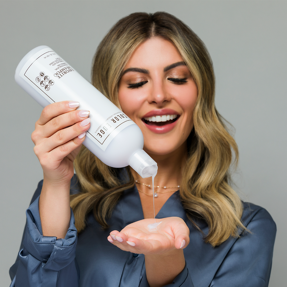 Woman squeezing Favorite Shampoo into hands