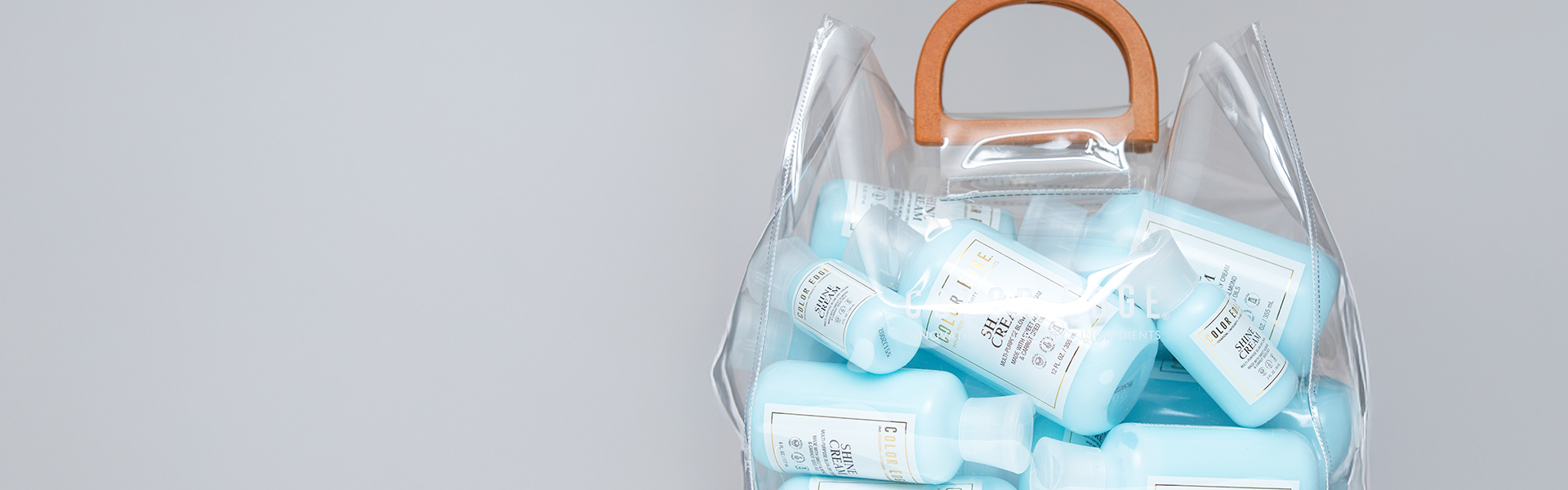 Clear Tote Bag carrying bottles of Shine Cream 