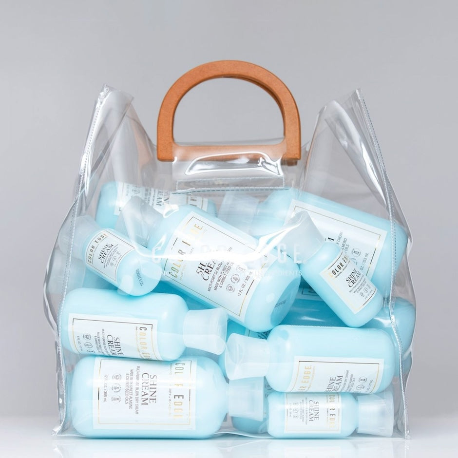 Clear Tote Bag carrying bottles of Shine Cream 