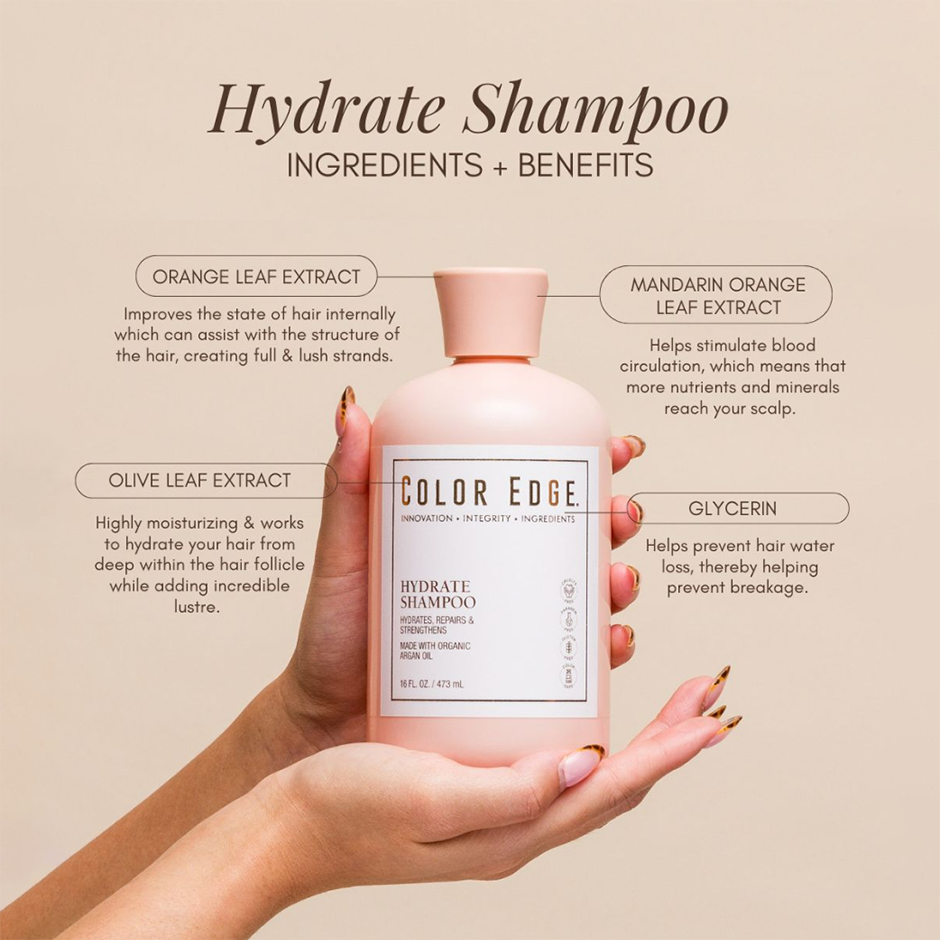 Hydrate Shampoo ingredients: olive leaf extract, orange leaf extract, glycerin, mandarin orange leaf extract