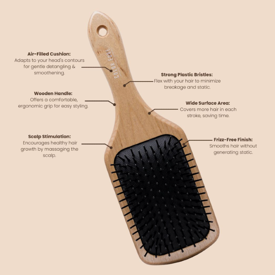 Benefits: air-filled cushion, wooden handle, scalp stimulation, strong bristles, wide surface area