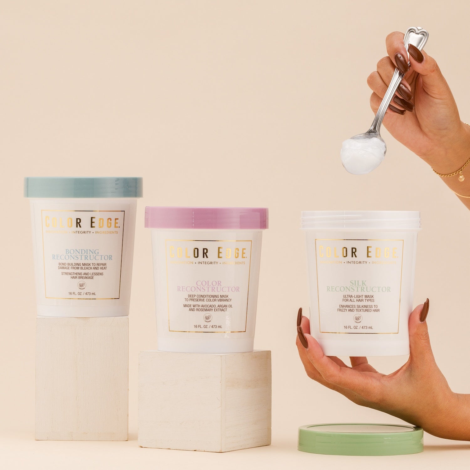 Color Edge reconstructors with a hand holding a spoonful of product