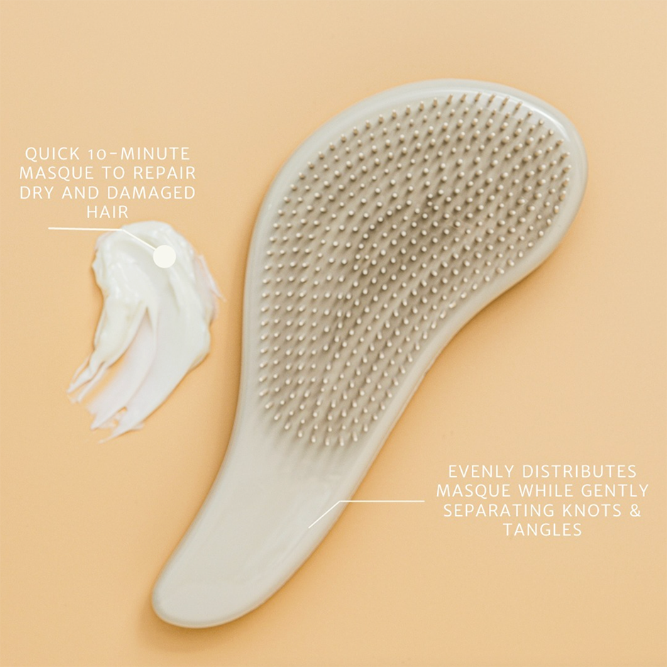 Quick 10 minute masque repairs dry, damaged hair. Brush evenly distributes masque.