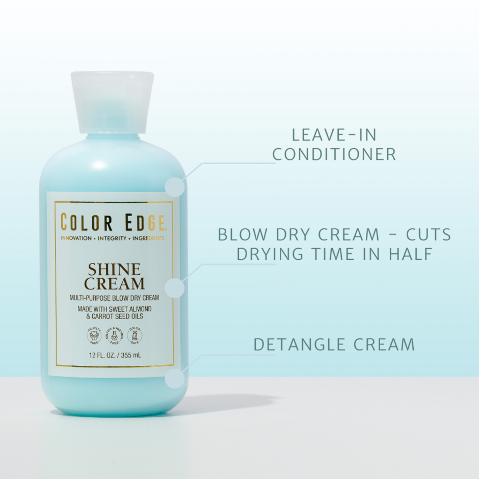 Benefits of Shine Cream infographic: leave-in conditioner, blow dry cream that cuts drying time in half, detangle cream